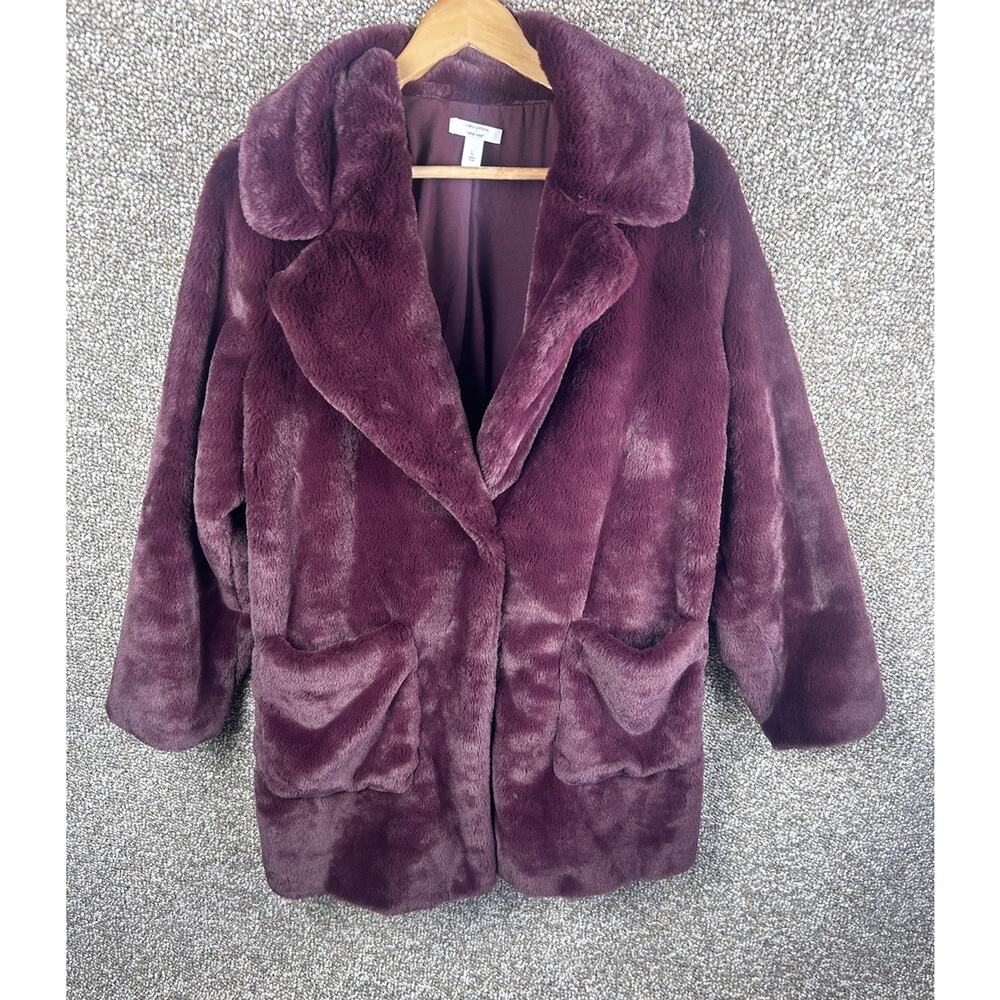 Nine West Faux Fur Jacket Burgundy Wine Red Large Pockets Snap Glam Chic Plush